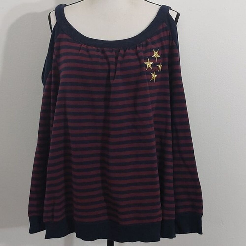 Lane Bryant Navy Burgundy Striped Cold Shoulder Long Sleeve Sweater 18/20